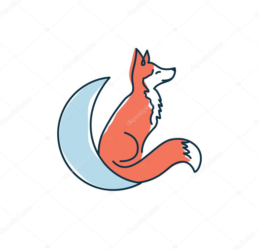 Line Art Fox sitting On Moon Nursery room Decoration