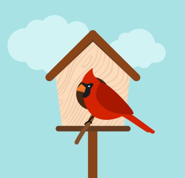 Kardinal kuş evinin önünde oturuyor. Çocuk odası dekorasyonu için. Vektör Tasarım Elemanı