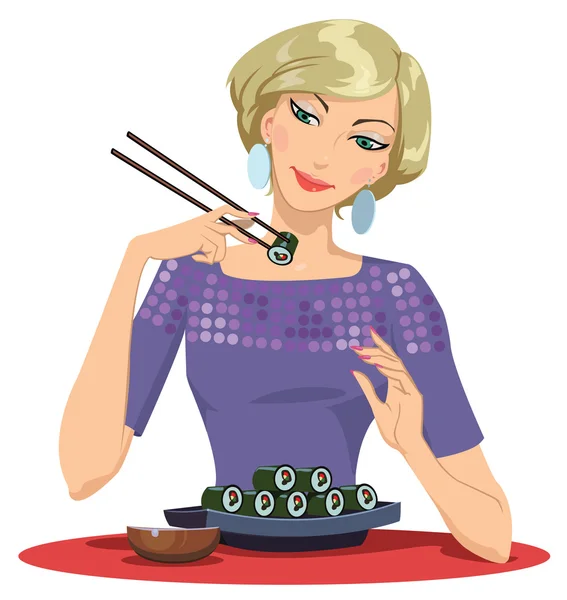 Ragazza godendo Sushi — Vettoriale Stock