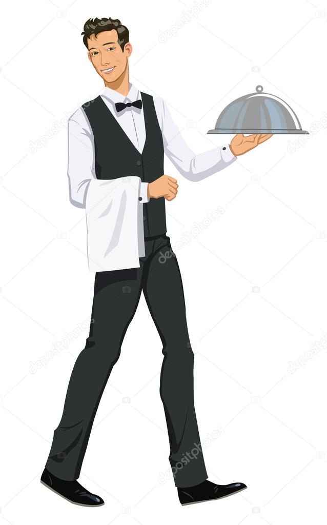 Waiter Carrying Domed Platter - Illustration
