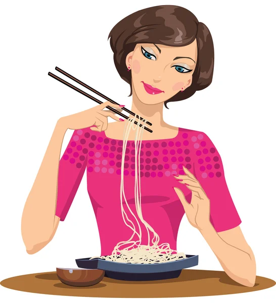 Femme manger des pâtes — Image vectorielle