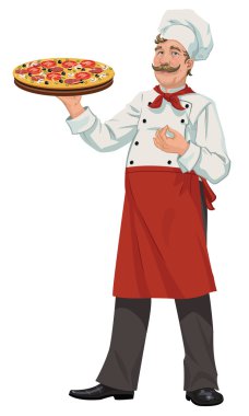 Şef ile taze pizza - illüstrasyon