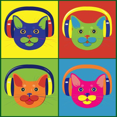 Brightly colored cats in the music headphones
