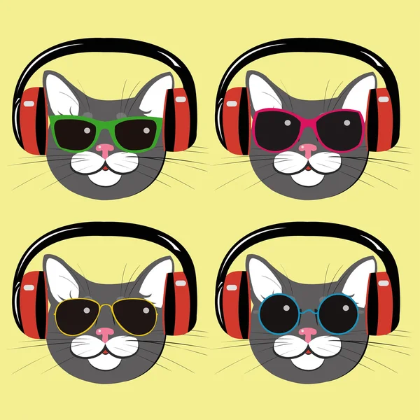 Gatos engraçados em fones de ouvido e óculos de sol — Vetor de Stock
