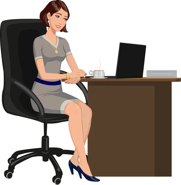 Bureau femme derrière un bureau avec un ordinateur portable — Image vectorielle