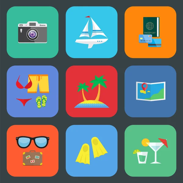 Conjunto de ícones de viagem ou férias planas — Vetor de Stock