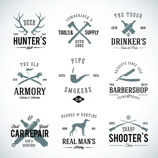 Set of Vintage Labels With Retro Typography for Men's Hobbies Such as Hunting Arms Dog Breeding Car Repair etc — Stock Vector