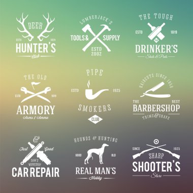 Vintage Labels With Retro Typography for Mens Hobbies Such as Hunting, Arms, Dog Breeding, Car Repair etc. on Abstract Background clipart
