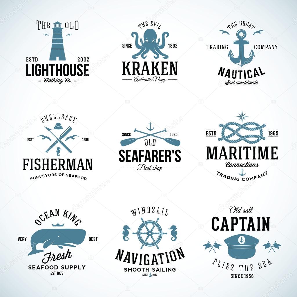 Set of Vintage Nautical Labels and Signs With Retro Typography Anchors Steering Wheel Knots Seagulls Wale