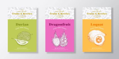 Meyve ve Böğürtlen Şablonu Ayarlandı. Vektör Tasarım Düzeni Koleksiyonu. Çağdaş Typography Banner with Hand Drawn Dragonfruit, Durian and Loquat Sketches Background. İzole edilmiş