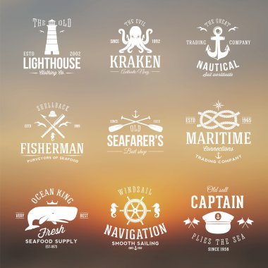 Set of Vintage Nautical Labels or Signs With Retro Typography on Blured Background Anchors Steering Wheel Knots Seagulls and Wale clipart