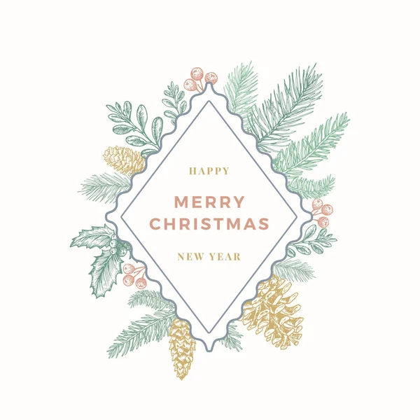 Vánoční barevné abstraktní Botanické pozdrav Label s Rhombus Pine Spruce Frame Banner a moderní typografie. Pastel Barvy Zimní svátky Rozvržení. Izolované — Stockový vektor