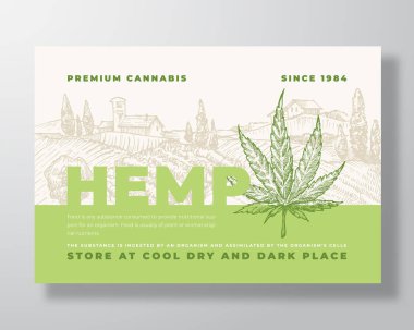 Premium Kenevir Etiketi Şablonu. Soyut Vektör Paketleme Tasarımı Düzeni. El keneviri Yaprak Bitkisi ve Kırsal Peyzaj Arkaplanlı Modern Typography Banner. İzole edilmiş