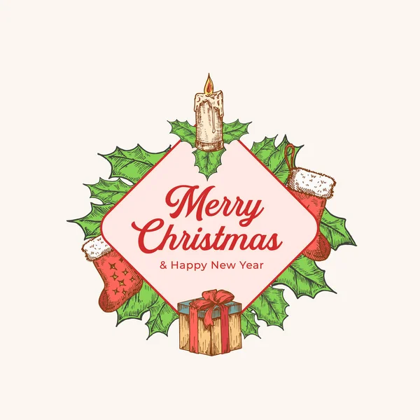 크리스마스와 새해의 다채 로운 색상 카드 Rhombus Frame Banner 와 Cute Typography 와 함께. Season Holiday Greetings Label or Sticker Layout with Hand Drawn Candle, Holly and Gifts Socks. 《 엔터 테인 먼 트 위클리 》. 고립됨 — 스톡 벡터