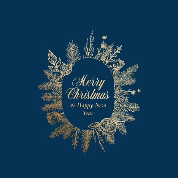 Merry Christmas Abstract Botanical Greetings Label with Oval Frame Banner and Typography Hand Drawn Spruce або Pine Branches and Flowers. Golden Glitter Layout (англійською). Відокремлені — стоковий вектор