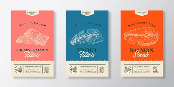 Fish Abstract Vector Packaging Labels Design Set. Moderní typografie Banner, ručně kreslený losos a pstruh Rybí filé Skica siluety. Kolekce rozvržení barevného papíru. Izolované — Stockový vektor