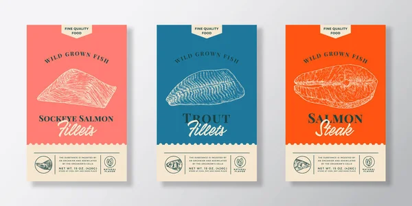 Fisch Abstrakte Vektor-Verpackungsetiketten Design-Set. Moderne Typografie Banner, handgezeichnete Lachs- und Forellenfilets skizzieren Silhouetten. Color Paper Background Layouts Collection. Isoliert — Stockvektor