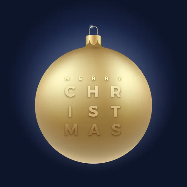 Realistic Golden Glitter Christmas Bauble on Classy Dark Blue Background com cumprimentos de tipografia modernos. Decoração de férias de inverno etiqueta, cartão ou pôster. Ano novo 3D Ball Banner — Vetor de Stock