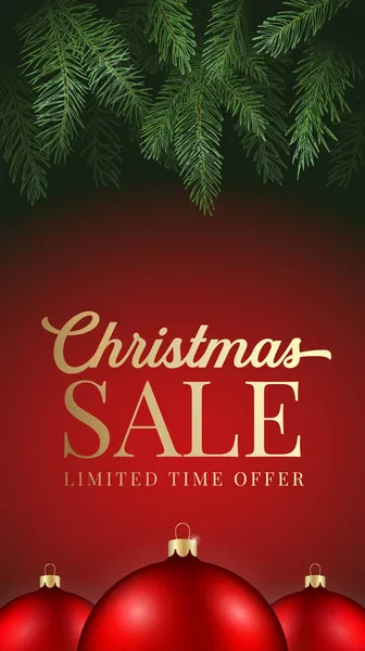 Noel Hikayeleri Vektör Reklam Kartı ya da Poster. Pine Branches Background with Realistik Baubles and Sale Promo Metin Kopyalama Uzayı. Yeni Yıl Tatil İndirimi Hikaye Şablonu — Stok Vektör