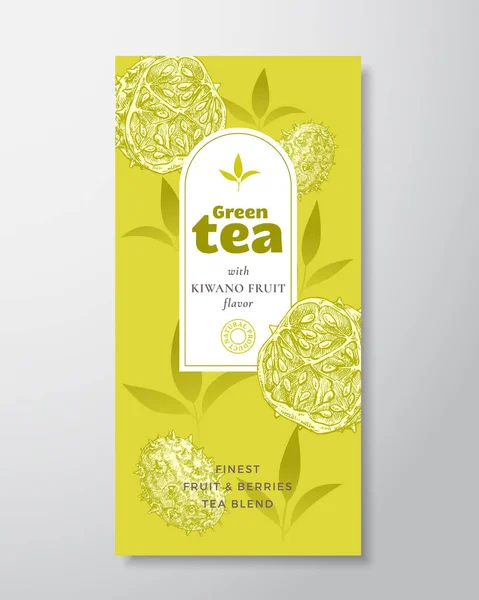 Frutas e bagas Tea Label Template. Layout de design de embalagem vetorial abstrato com sombras realistas. Mão desenhada Kiwano frutas e chá folhas decoração silhuetas fundo. Isolados — Vetor de Stock