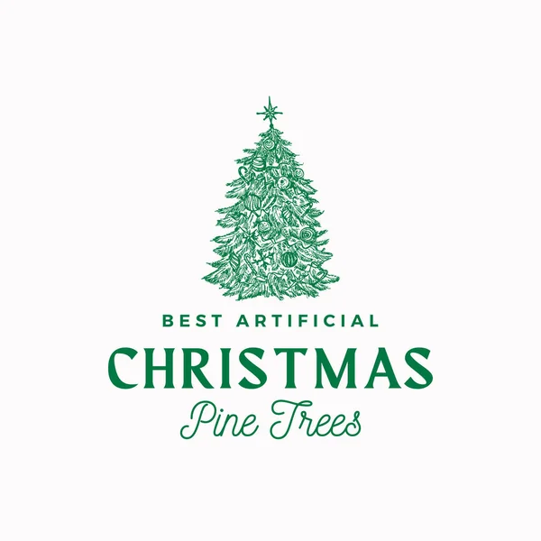 Best Artificial Christmas Pine Trees Vector Sign, Σύμβολο ή λογότυπο πρότυπο. Χέρι ζωγραφισμένο διακοπές Διακοσμημένα κωνοφόρα δέντρο σκίτσο Silhouette με ρετρό τυπογραφία. Μεμονωμένα — Διανυσματικό Αρχείο
