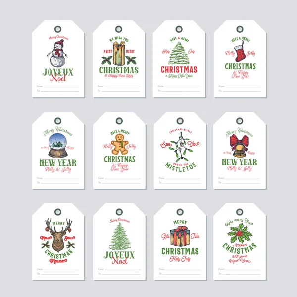 Etiquetas de regalo de Navidad y Año Nuevo listas para usar o conjunto de plantillas de etiquetas. Bright Colors Snowball, Pine Trees, Ginger Cookie Holly y Mistletoe Sketches Illustrations with Retro Typography (en inglés). Aislado — Vector de stock