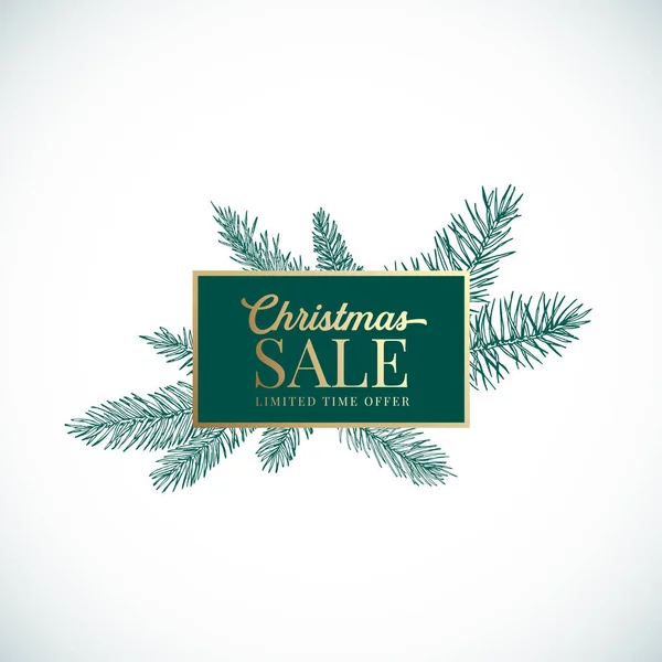 Kerst en Nieuwjaar Abstract Botanische kaart met rechthoek Frame Banner en Moderne Typografie. Premium Golden Banner en Green Pine Spruce Sketch lay-out. geïsoleerd — Stockvector