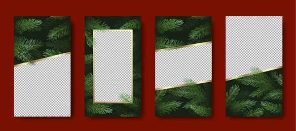 Navidad y Año Nuevo Vector Tarjetas de felicitación o Carteles Set. Ramas de pino Fondo con espacio de copia o lugares de imagen. Vacaciones de invierno Redes Sociales Historias o Plantillas de Decoración Colección — Vector de stock