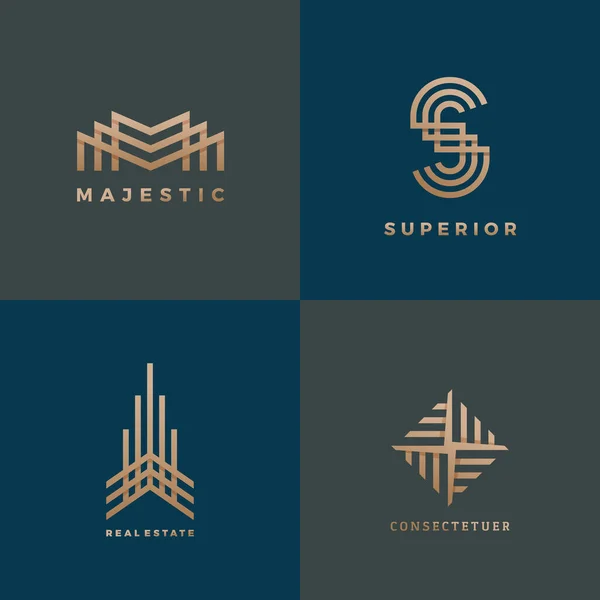 Resumen geométrico mínimo vector signos, símbolos o plantillas de logotipo conjunto. Monogramas de construcción de Silhoutte y letras modernas con colección de degradado de latón. Aislado — Archivo Imágenes Vectoriales