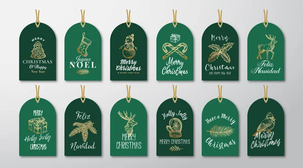 Natal e Ano Novo Ready-to-Use Presente Tags ou etiquetas Templates Set. Golden Glitter Hand Drawn Winter Holiday Illustrations with Retro Typography (em inglês). Coleção de cumprimentos da estação. Isolados — Vetor de Stock