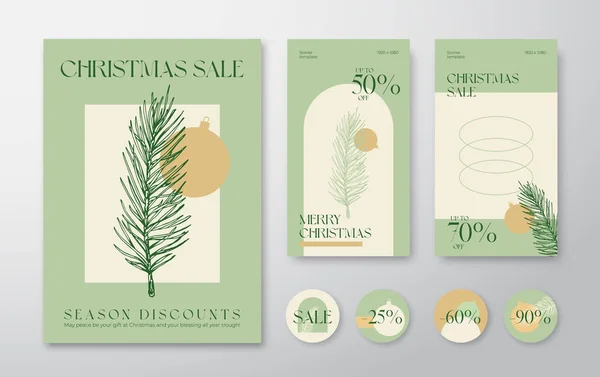 Christmas Advertising Trendy Editable Templates Set. Pine Branch, Bauble, Typography for Social Networks Stories Highlights and Posts Backgrounds. Boho Social Media Holiday Greeting Cards or Banners — Stockový vektor