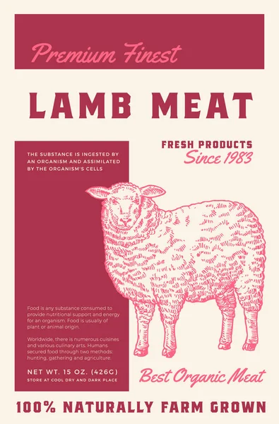 Premium Finest Lamb Meat. Abstract Vector Meat Packaging Product Label Design. Retro Typography and Hand Drawn Sheep Sketch Silhouette Background Layout — Stock Vector