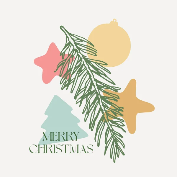 Christmas Vector Background Decorative Layout. Spruce Branch with Holiday Geometry Shapes Boho Label. Contemporary Art Season Greeting Design for Cover, Wall Decor, Apparel Print, Wallpaper Promo Ads — Stock Vector