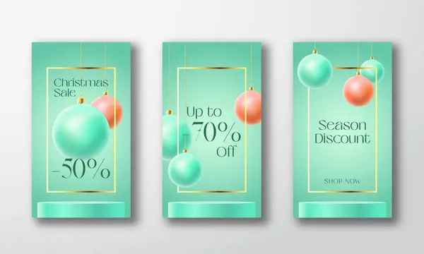 Kerstverhalen Vector Advertentiekaarten of Posters Set. Seizoen Promo Achtergrond met realistische Baubles en Sale Text Copy Space. Nieuwjaar Wintervakantie Korting Pastel Verhaal Decoratie Sjablonen — Stockvector