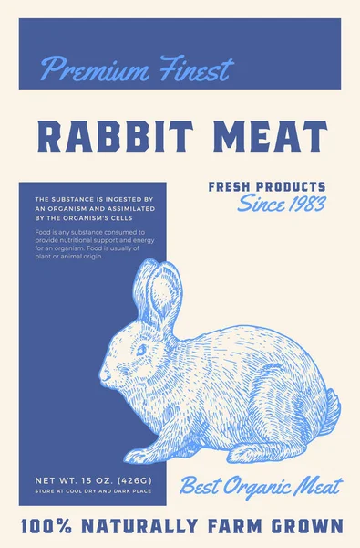 Premium Finest Rabbit. Abstract Vector Meat Packaging Product Label Design. Retro Typography and Hand Drawn Hare Sketch Silhouette Background Layout — Stock Vector