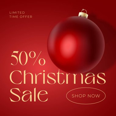 Noel Vektörü Reklamcılığı Sosyal Medya Posteri ya da Poster Kartı. Realistik Red Bauble ve İndirimli Metin Kopyalama Uzayı ile Sezon Tanıtım Arkaplanı. Yeni Yıl Tatili İndirimli Sosyal Ağ Şablonu