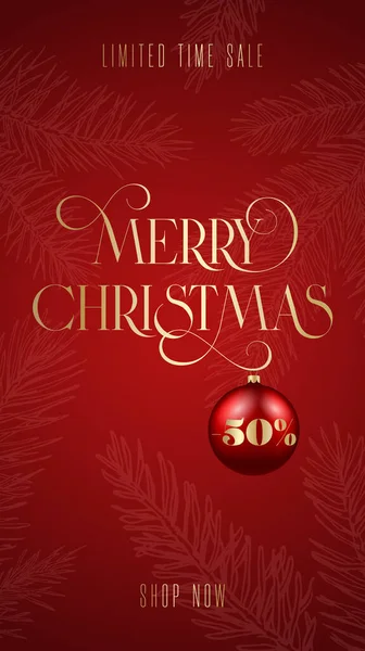 Noel Kutlamaları Sosyal Medya Posteri veya El Spruce Pine Branş Arkaplanı ve Modern Swoosked Typography Gold Harfleri ile Posta Kartı Düzenleme. Gerçekçi Bauble ile Klas Kırmızı Arkaplan — Stok Vektör