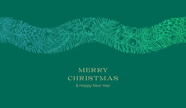 성탄절 인사를 하는 반 환관입니다. Winter Holiday Spruce 와 Holly Doodle Wavy Stripe Decorative Frame on Green Background. New Year Label or Card Design with Holyday Foliage Band — 스톡 벡터