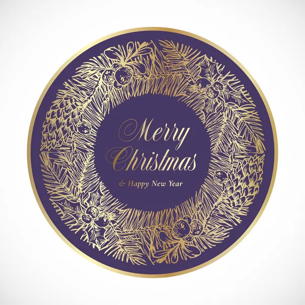 Noël et Nouvel An Esquisse dessinée à la main Couronne d'épinette, bannière de cadre ou modèle d'autocollant. Abstrait Holiday Promo Vente Vector Circle Label avec typographie rétro et couleur or. Isolé — Image vectorielle