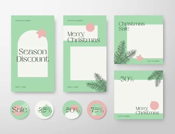 Christmas Advertising Trendy Editable Templates Set. Pine Branches and Typography for Social Networks Stories Highlights and Posts Backgrounds. Boho Social Media Holiday Greeting Cards or Banners — Stockový vektor