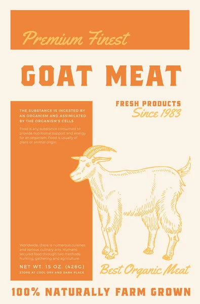 Premium Finest Goat Steak. Abstract Vector Meat Packaging Product Label Design. Retro Typography and Hand Drawn Goat Sketch Silhouette Background Layout — Stock Vector