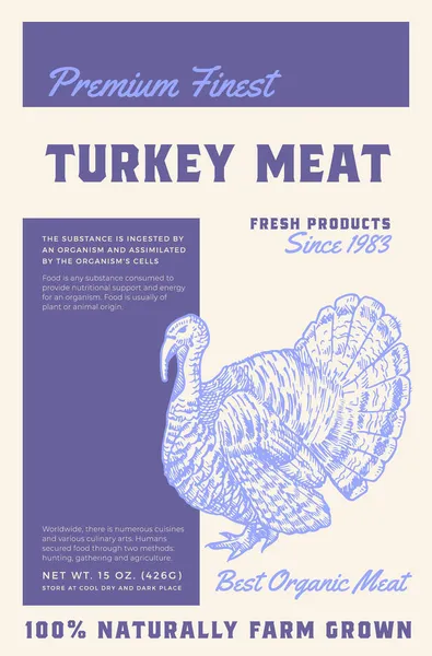 Premium Finest Turkey Meat. Abstract Vector Poultry Meat Packaging Product Label Design. Retro Typography and Hand Drawn Domestic Bird Sketch Silhouette Background Layout — Stock Vector