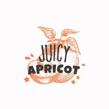 Sulu Taze Kayısı Rozeti, Etiket veya Logo Şablonu. Playful Typography ile El yapımı Fruit Sketch. Premium Tatlı Yemek Amblemi İzole Edildi