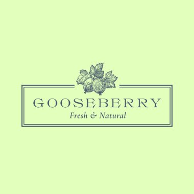 Bektaşi üzümü Soyut Vektör İşareti, Sembol veya Logo Şablonu. Zarif Retro Typography ve Frame ile El Çizimi Böğürtlen Silüeti Sketch. Klasik Lüks Amblem İzole Edildi