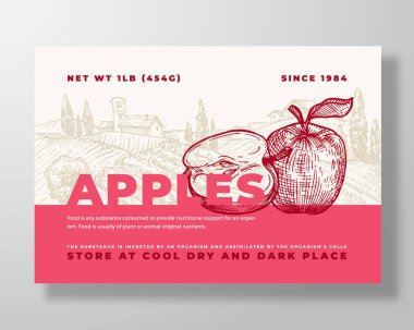 Taze Elma Gıda Etiketi Şablonu. Soyut Vektör Paketleme Tasarımı Düzeni. El Tarlası Meyvesi ve Kırsal Arazi Arkaplanı ile Modern Typography Banner. İzole edilmiş
