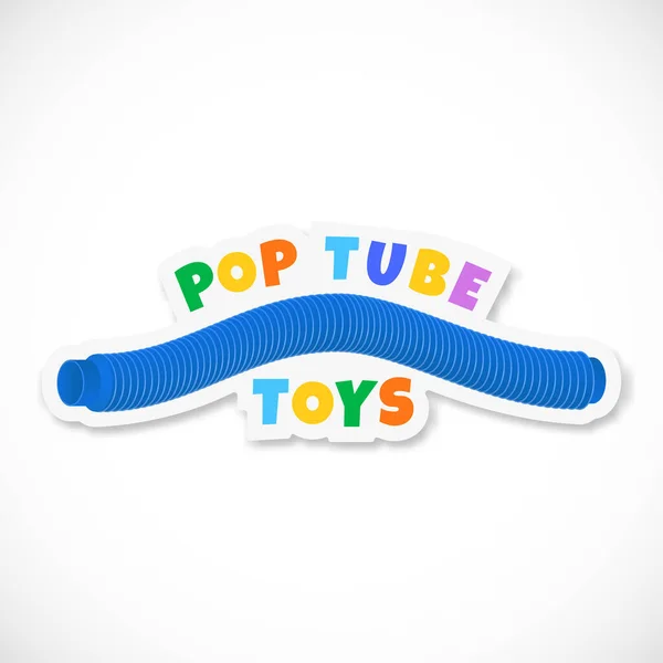 Sensory Kids Toy from Corrugated Blue Pipe Vector Sticker, Label or Sign Template. Colorful Plastic Flexible Wire Anti Stress Pop Tube Children Toy Illustration with Typography. Isolated — ストックベクタ