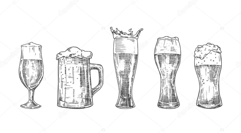 Vector Beer Sketch Set. Hand Drawn Collection of Illustrations of Mugs and Glasses Beverage Isolated