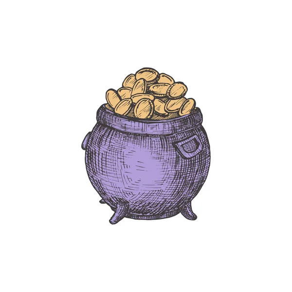 Illustrazione vettoriale a colori disegnata a mano del giorno di San Patrizio. Leprechaun Pot full of Gold Coins Abstract Sketch. Disegno stile incisione vacanza irlandese. Isolato — Vettoriale Stock