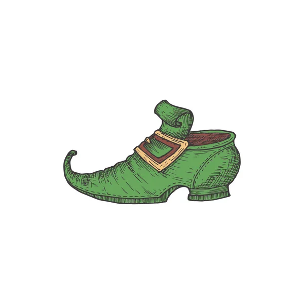 Ručně kreslené Saint Patricks Day Color Vector Illustration. Leprechaun Shoe Abstract Sketch. Irská vánoční rytina styl kresby. Izolované — Stockový vektor