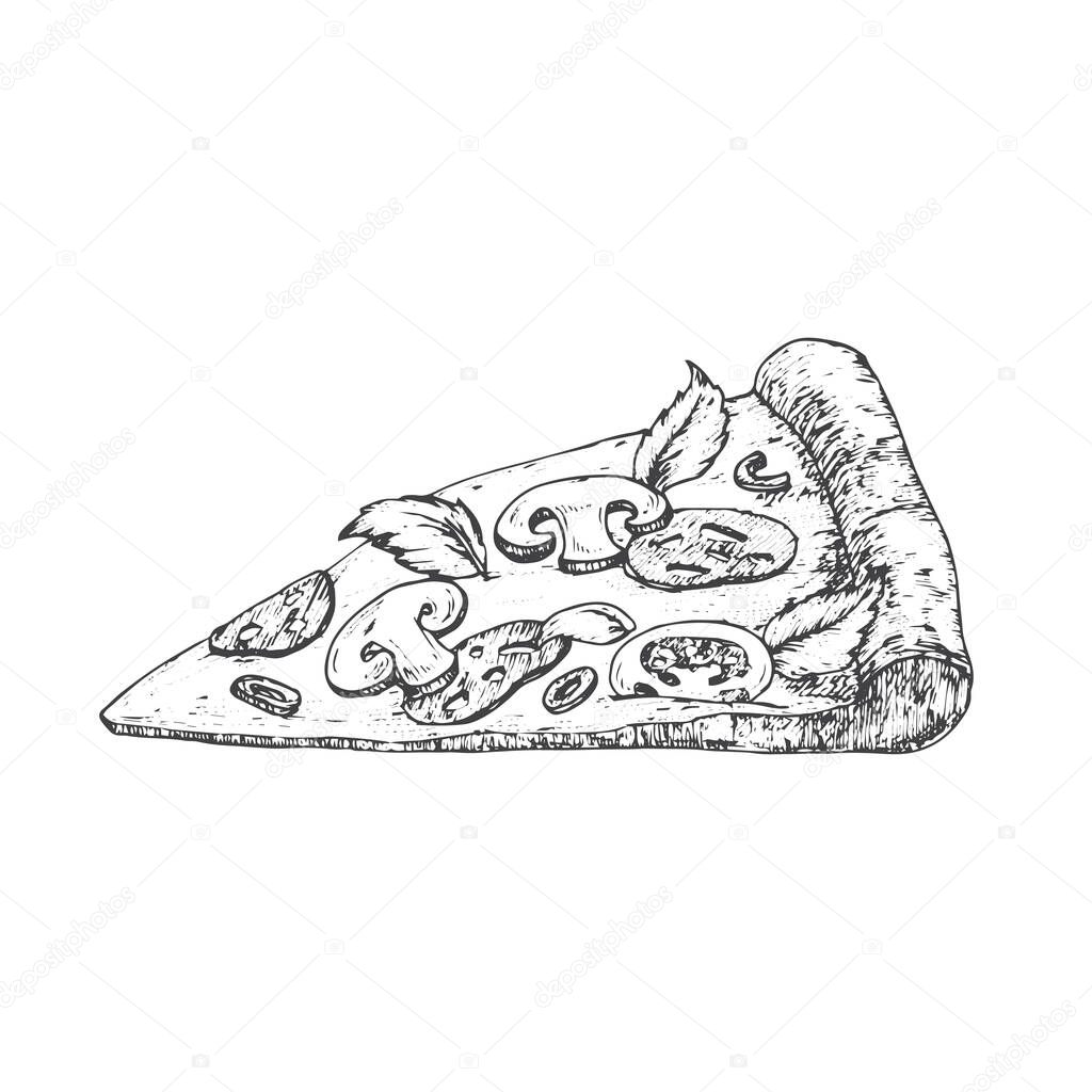 Pizza Piece. Hand Drawn Sketch Food Vector Illustration. Natural Italian Cuisine Doodle Isolated